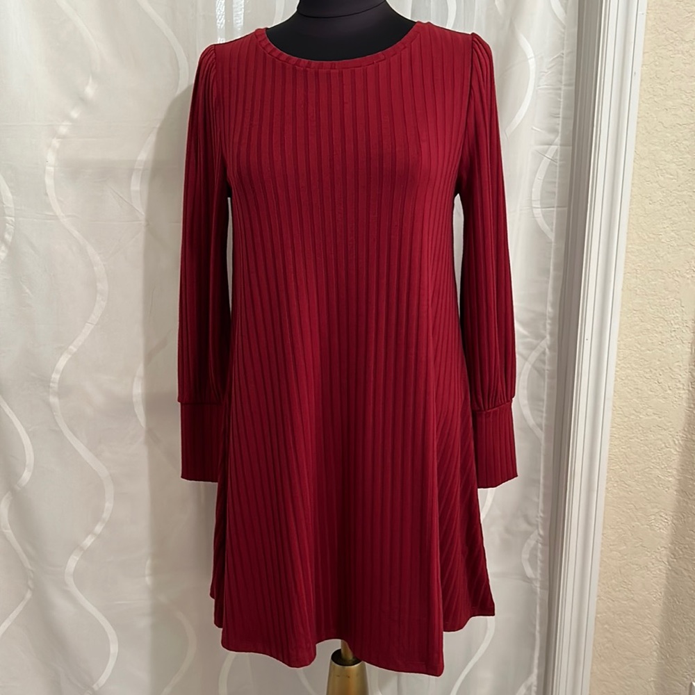 Loft, Deep Red, Long Sleeve, Trapeze Knit Dress, Size Small